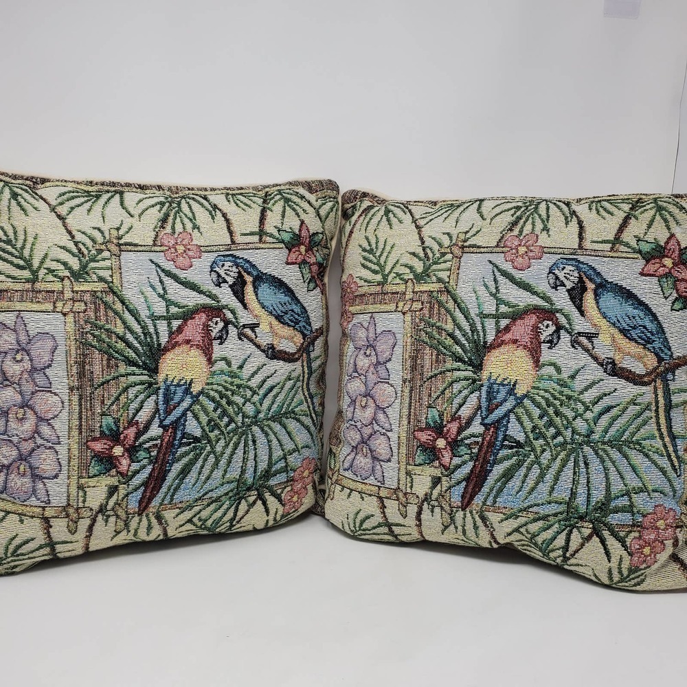 Parrot & Palm Tree Tapestry Pillows Set of 2  Tropical Jungle Decor Coastal Boho